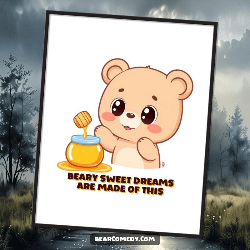 Funny Free Printable Wall Art: A kawaii bear with wide eyes reaching for a floating honey pot, a sweet downloadable art piece.