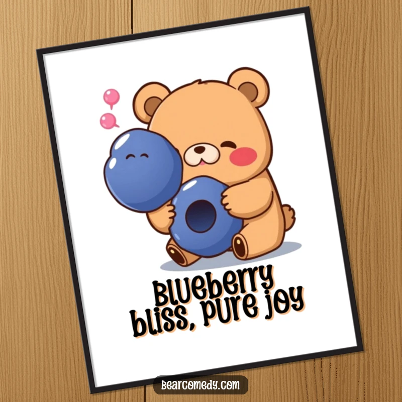 Funny Free Printable Wall Art: A bear with a happy sigh enjoys munching on a comically large, perfectly ripe blueberry.
