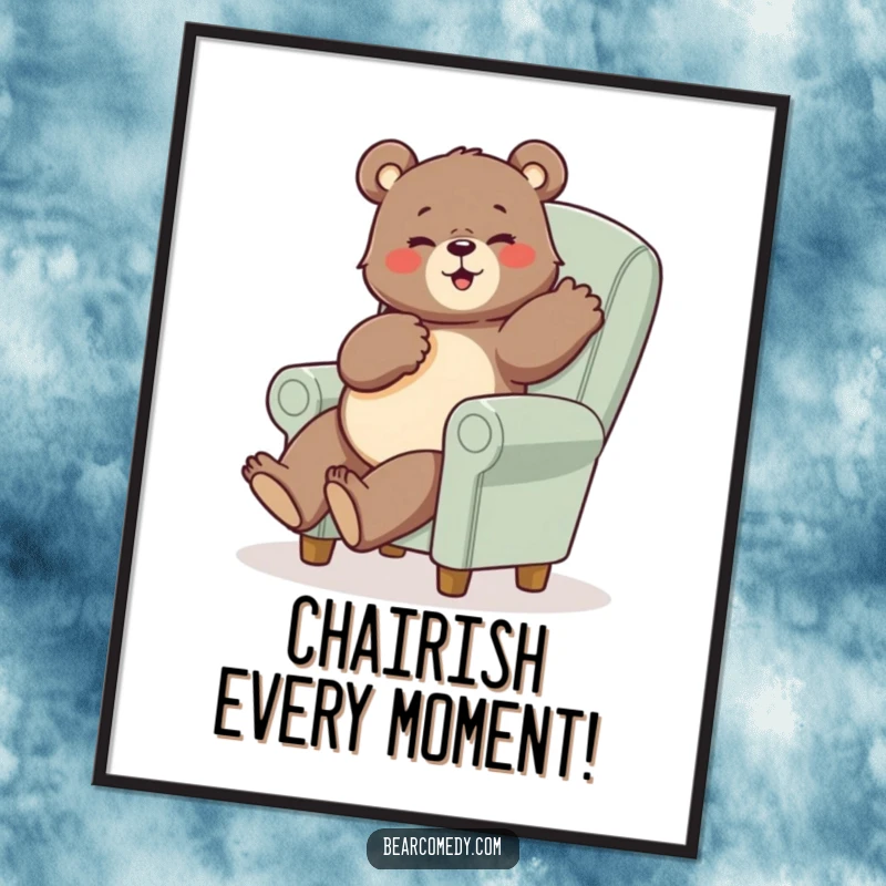 Funny Free Printable Wall Art: A bear striking a comical pose while sitting awkwardly on a tiny, oversized chair, creating a quirky scene.