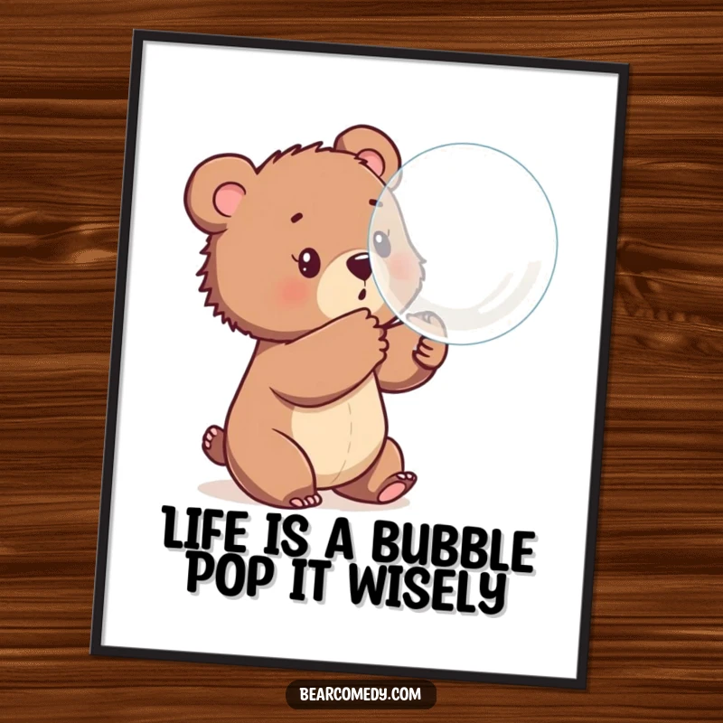 Funny Free Printable Wall Art: A bear cub playfully batting at a large, bouncing bubble, a fun downloadable art piece.