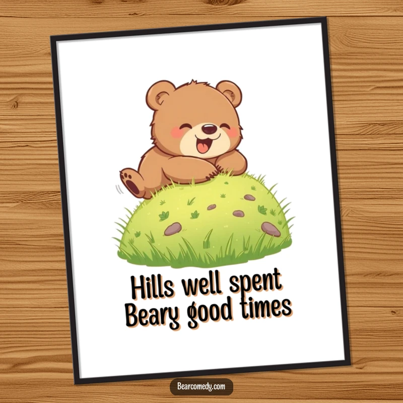Funny Free Printable Wall Art: A cute bear cub joyfully rolling down a grassy hill, making a playful downloadable art piece.
