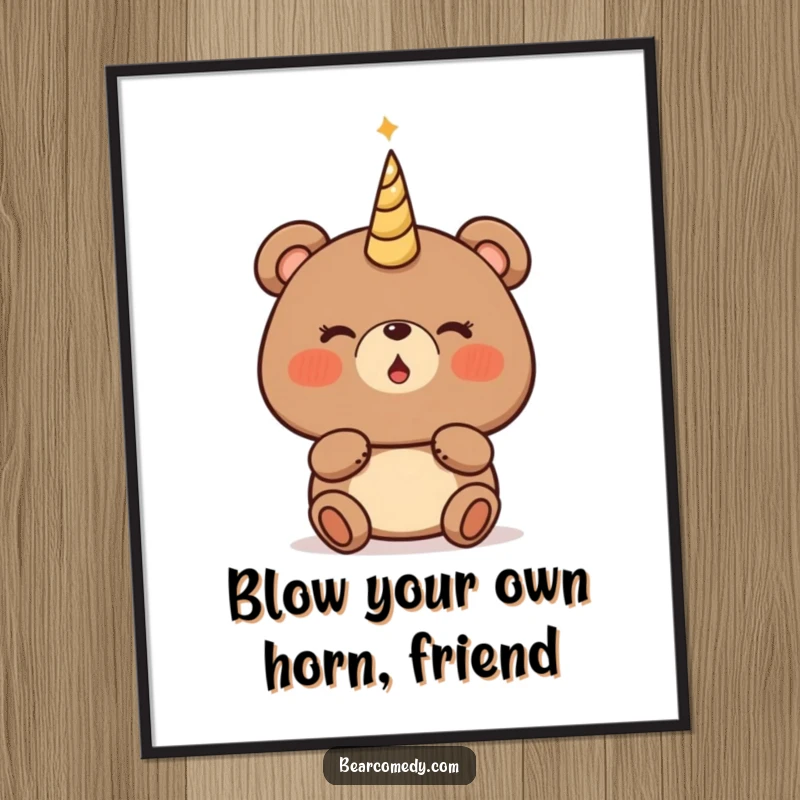 Funny Free Printable Wall Art: A bear with rosy cheeks and sparkling eyes, holding a magical horn to its lips.