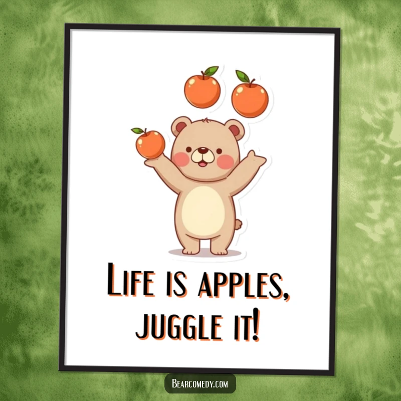 Funny Free Printable Wall Art: Lively bear joyfully juggling three plump apples, adding a splash of color and humor.