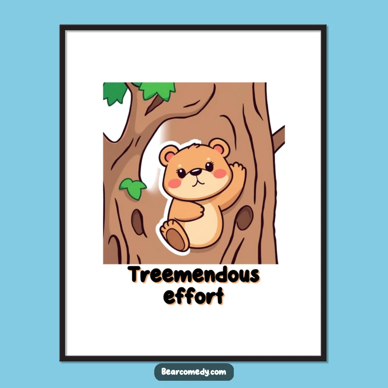 Funny Free Printable Wall Art: Determined Bear Climbing Tree, Humorous Decor