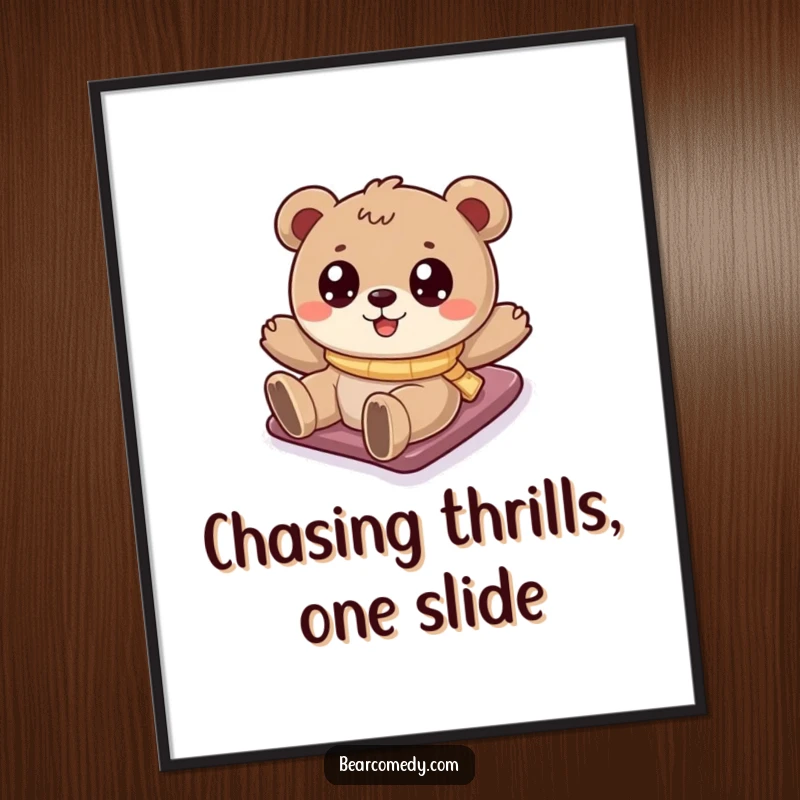 Funny Free Printable Wall Art: A cartoony bear with sparkling eyes gleefully slides down a snowy hill, capturing winter fun.