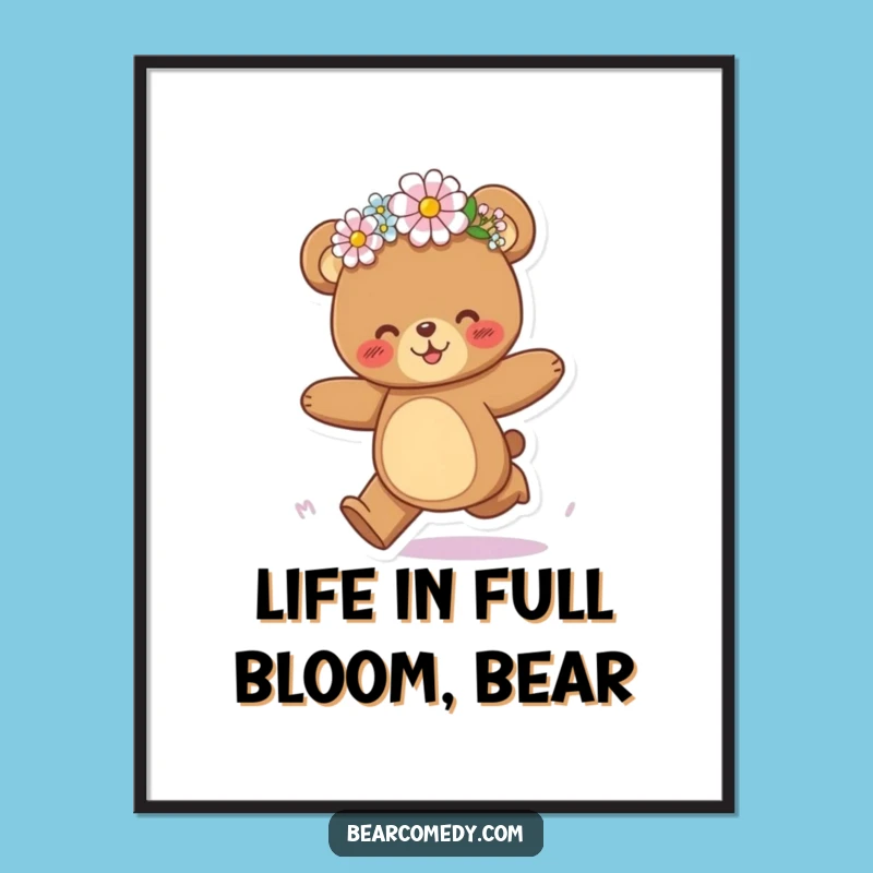Funny Free Printable Wall Art: Joyful Bear Galloping with Flower Crown, Downloadable Decor