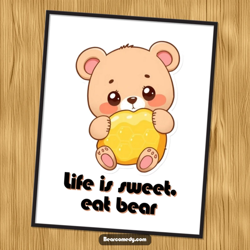 Funny Free Printable Wall Art: A big-eyed bear joyfully hugging a massive honeycomb, radiating warmth and happiness.