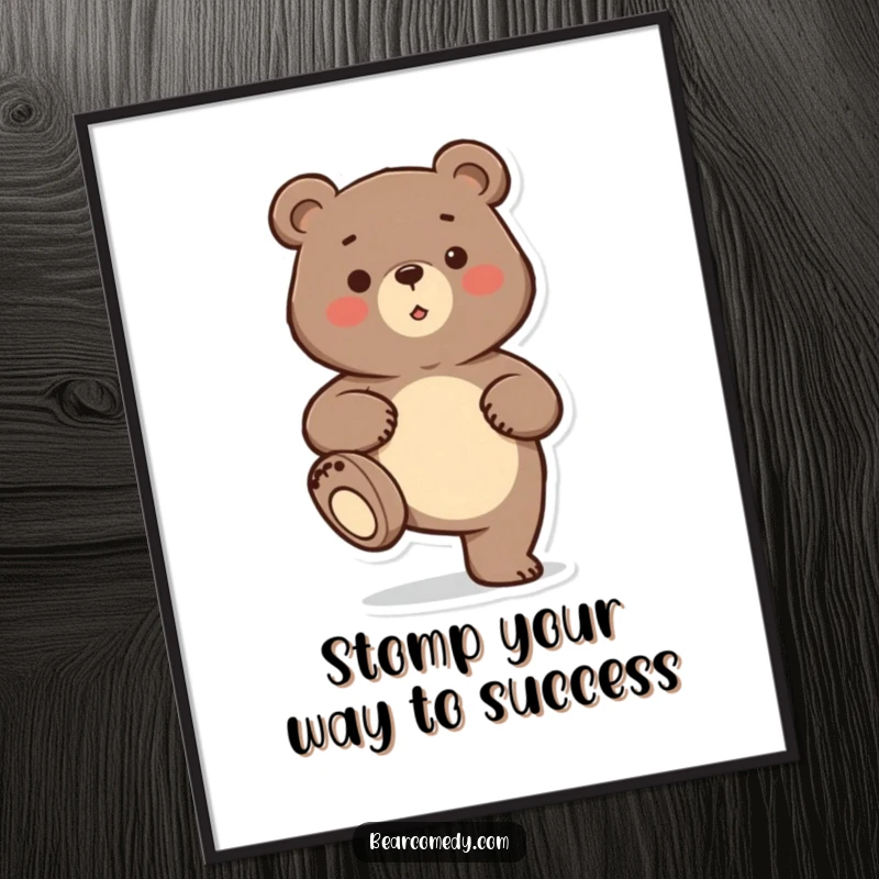 Funny Free Printable Wall Art: Adorable bear character with a playful stomp energetically stomps its foot, adding humor to your decor.
