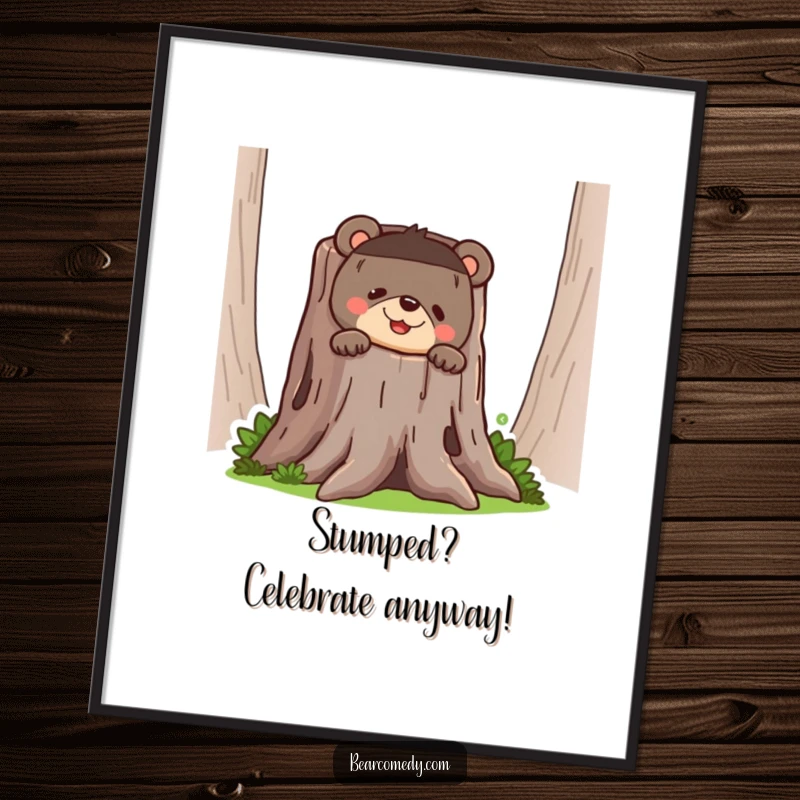 Funny Free Printable Wall Art: A grinning bear playfully peeking out from behind a large, hollow tree stump, creating a whimsical scene.