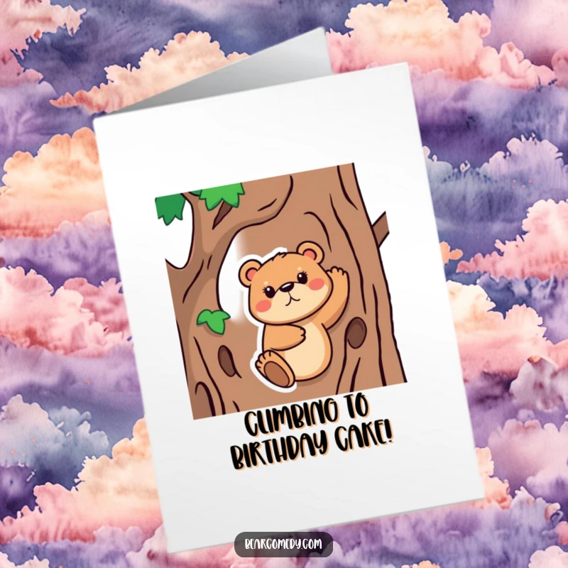 Funny Free Printable Birthday Card: A bear animal with a determined face making a valiant effort to climb a tree.