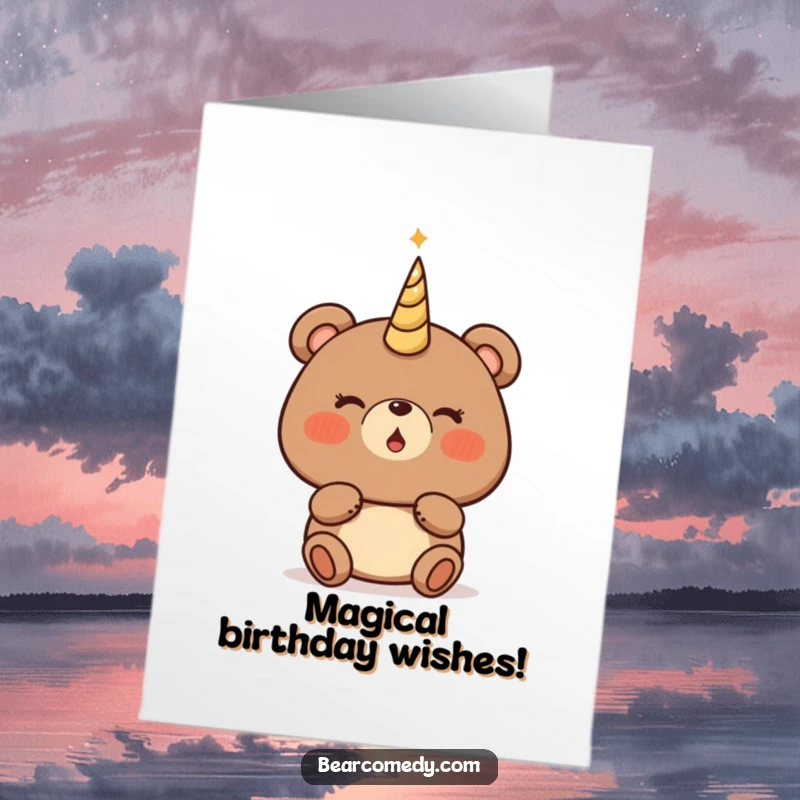 Funny Free Printable Birthday Card: A bear with rosy cheeks and anticipation, about to blow a golden, magical horn.