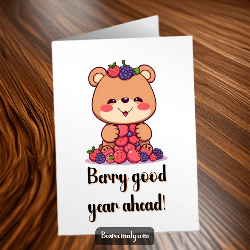 Funny Free Printable Birthday Card: Bear with silly grin balancing a wobbly stack of berries, ready to tumble.
