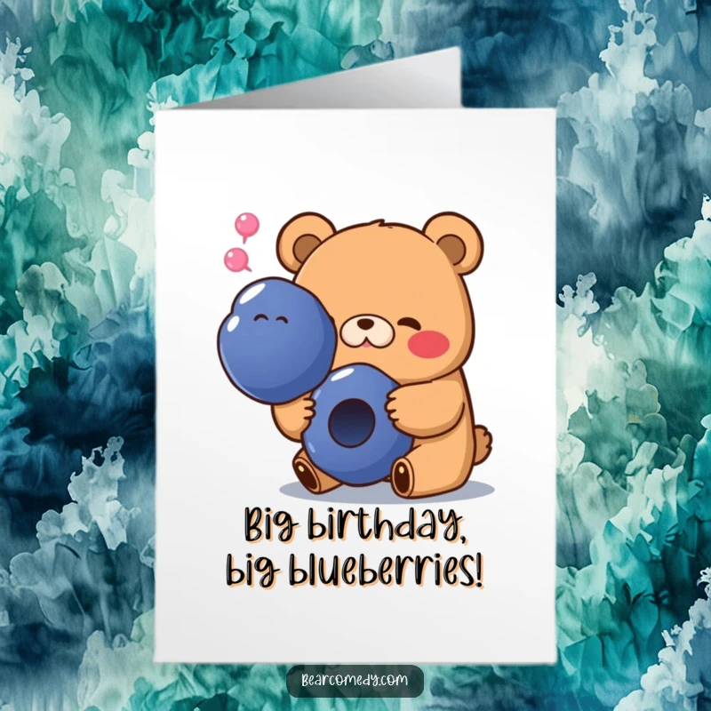 Funny Free Printable Birthday Card: A bear with a happy sigh munches contentedly on a giant, juicy blueberry, pure bliss.