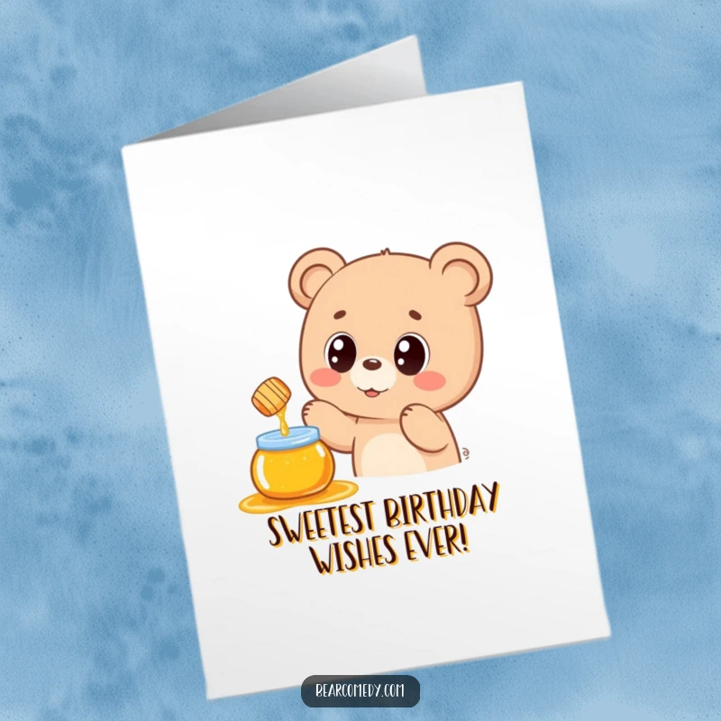 Funny Free Printable Birthday Card: A kawaii bear with big eyes reaching for a floating honey pot, a sweet downloadable gift.