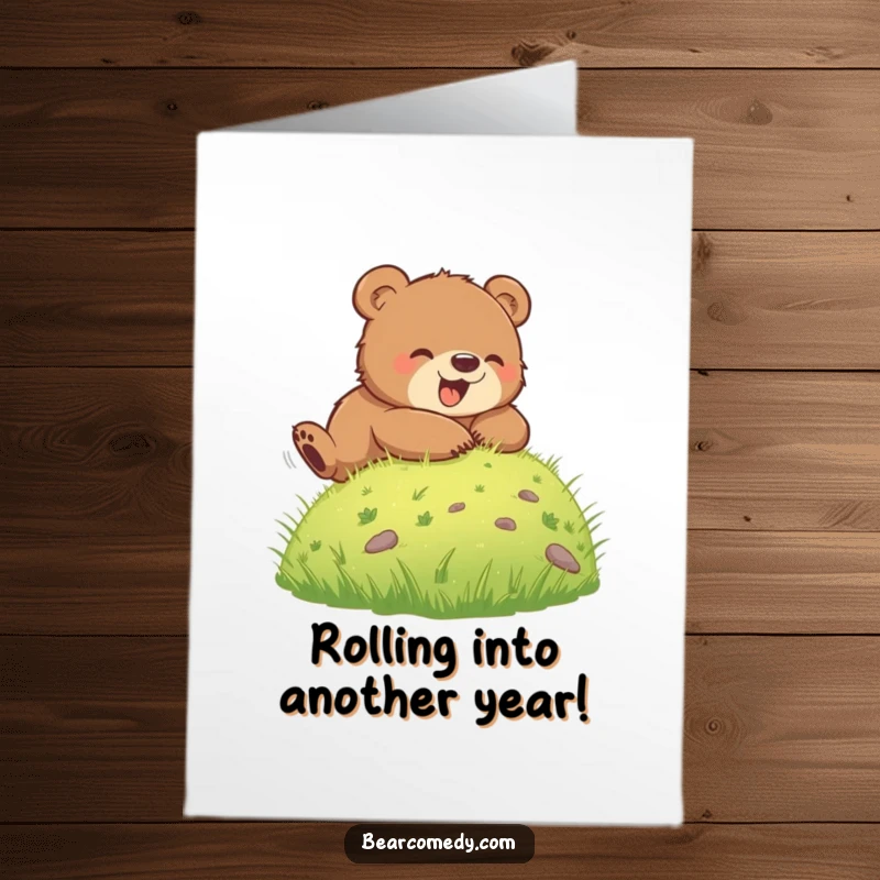 Funny Free Printable Birthday Card: A happy bear cub gleefully rolling down a grassy hill, a perfect downloadable gift.