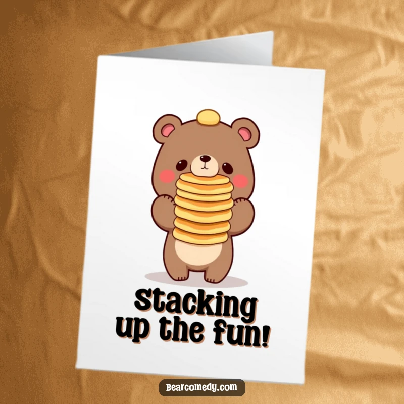 Funny Free Printable Birthday Card: Bear precariously balancing a huge stack of pancakes on its nose, looking determined.