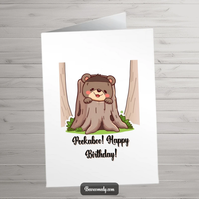 Funny Free Printable Birthday Card: Mischievous bear peeking with a wide grin from a hollow tree stump, ready to surprise.