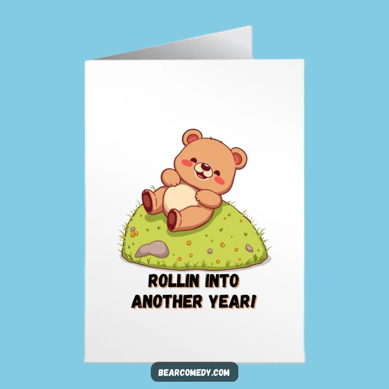 Free Printable Birthday Card: Funny Bear Rolling Downhill, Humorous Downloadable Gift