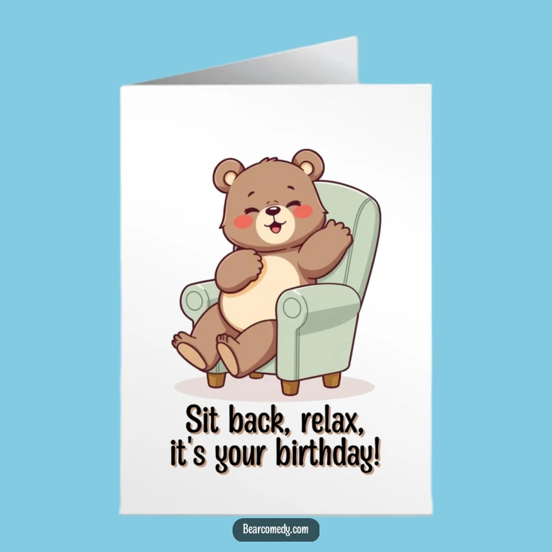 Free Printable Birthday Card: Bear in Funny Pose, Tiny Chair Downloadable Humor