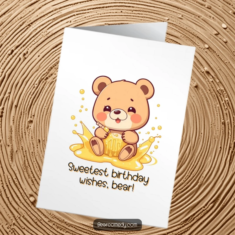 Funny Free Printable Birthday Card: A bear joyfully splashes and plays in a bubbly stream of golden honey, pure delight.