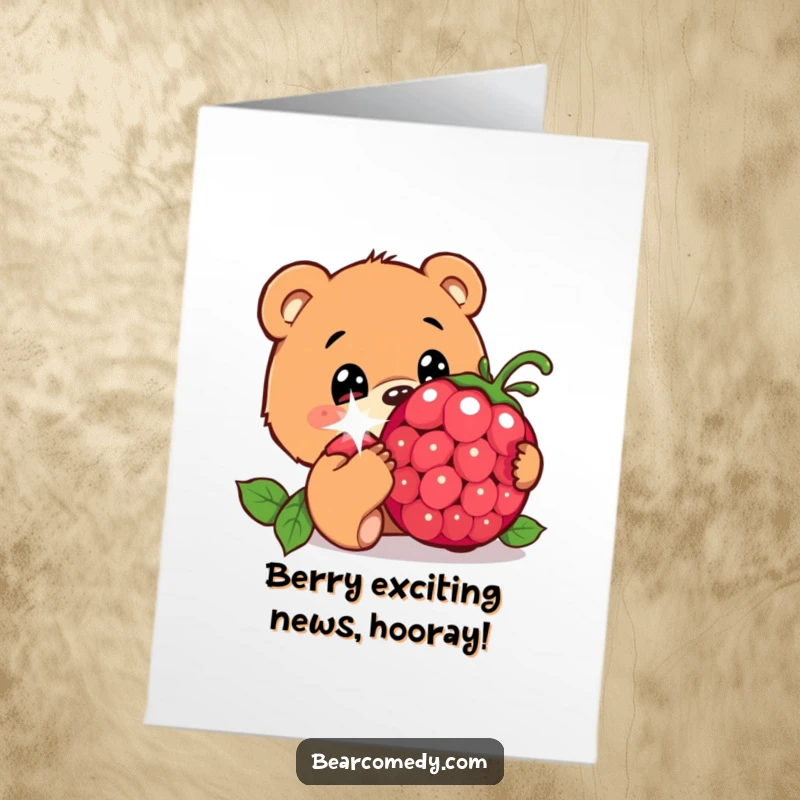 Funny Free Printable congratulations card, bear curiously sniffing sparkling berry, innocent eyes, celebrating success, downloadable.