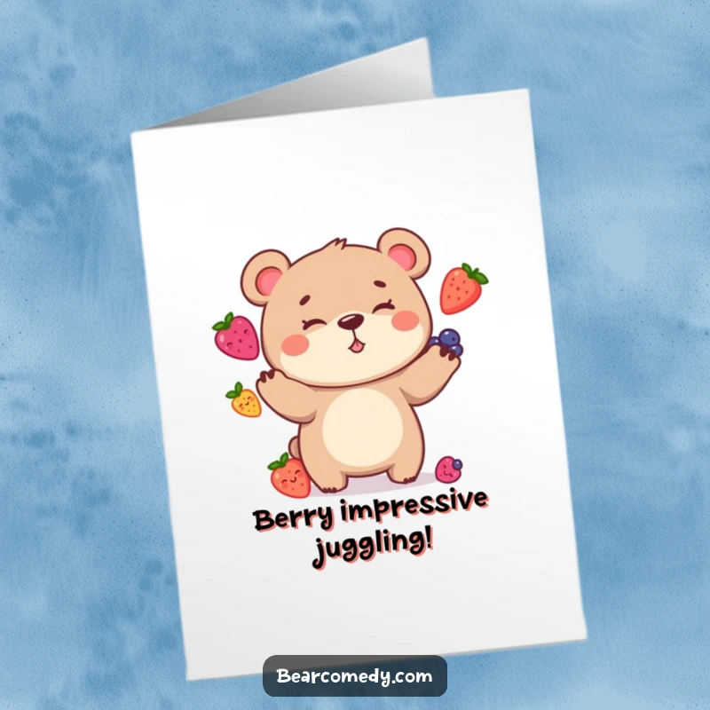 Funny Free Printable Congratulations Card: A bear struggling to juggle several berries with a comical, goofy expression.