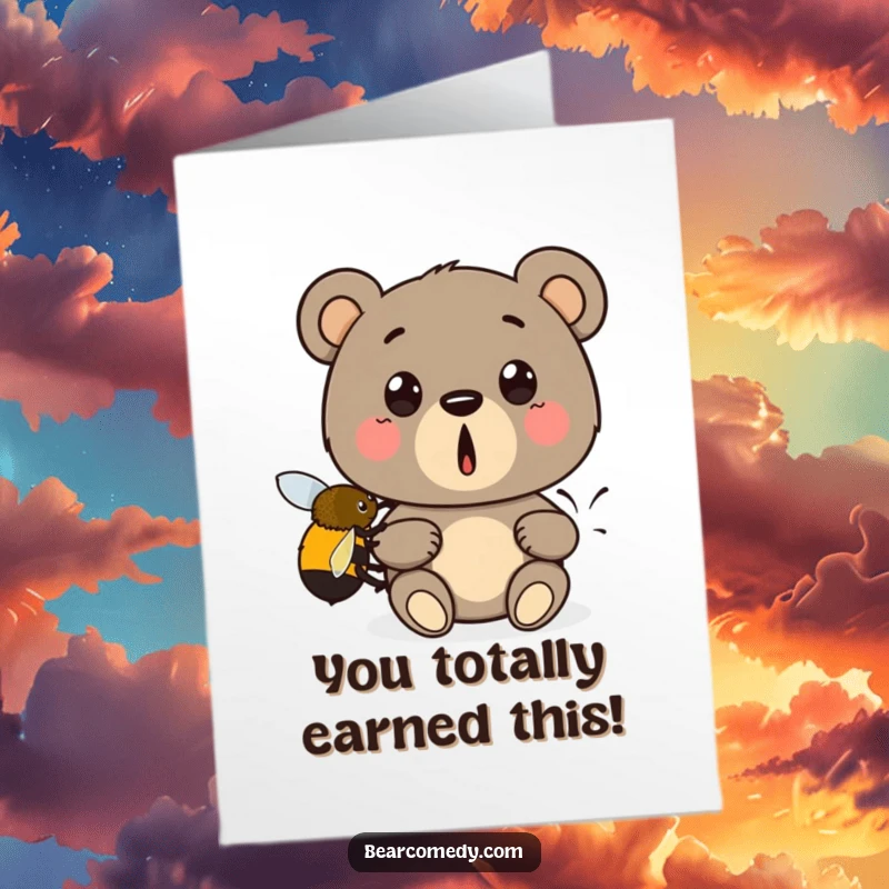 Funny Free Printable Congrats Card: A surprised bear receives a helpful boost from a bumblebee, ideal for congratulatory moments.