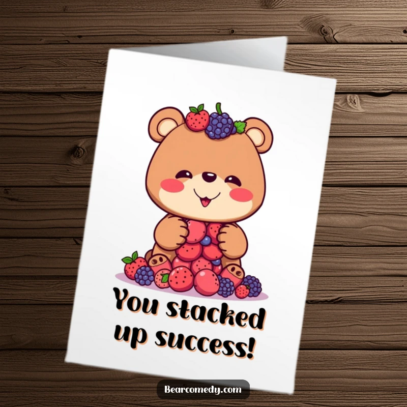Funny Free Printable Congratulations Card: A bear grin wide, triumphantly balancing a tall stack of berries, a comedic feat.