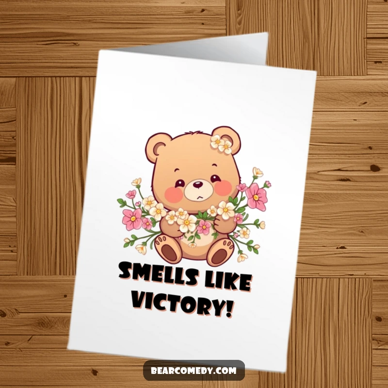 Funny Free Printable Congrats Card: A bear playfully tangled in a garland of flowers, celebrating achievements with humor.