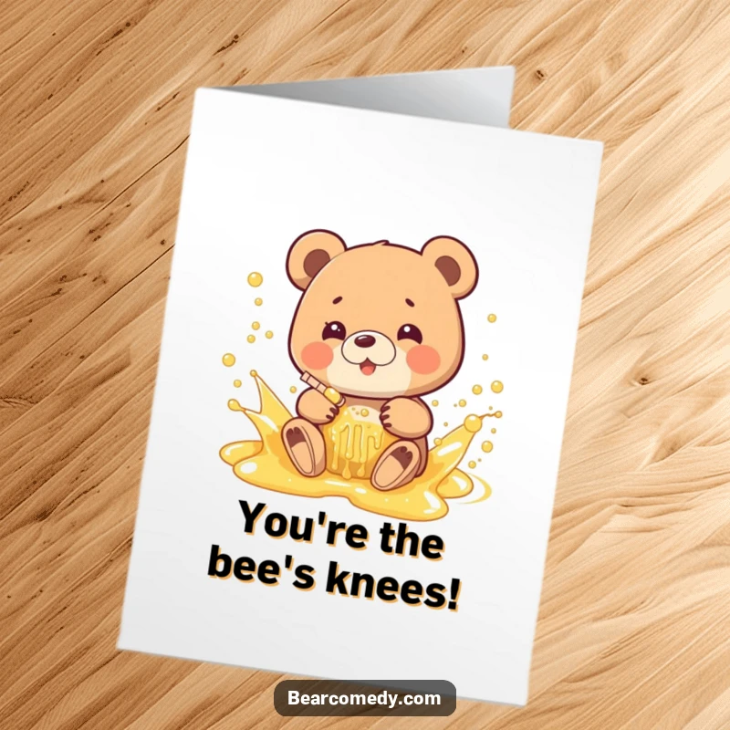 Funny Free Printable Congratulations Card: A bear gleefully splashes around in a bubbly, golden stream of honey, celebrating success.