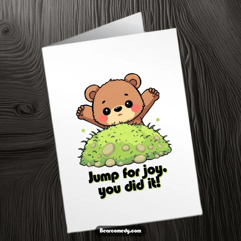 Funny Free Printable Congratulations Card: A bear with a determined expression leaps into a plush pile of moss, a daring feat.