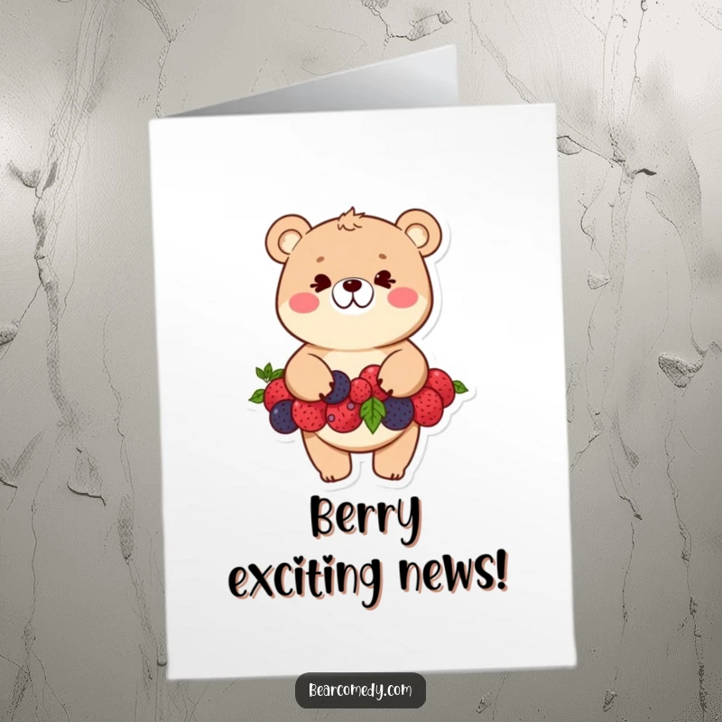 Funny Free Printable Congratulations Card: A mischievous bear grinning while balancing a precarious stack of colorful berries.