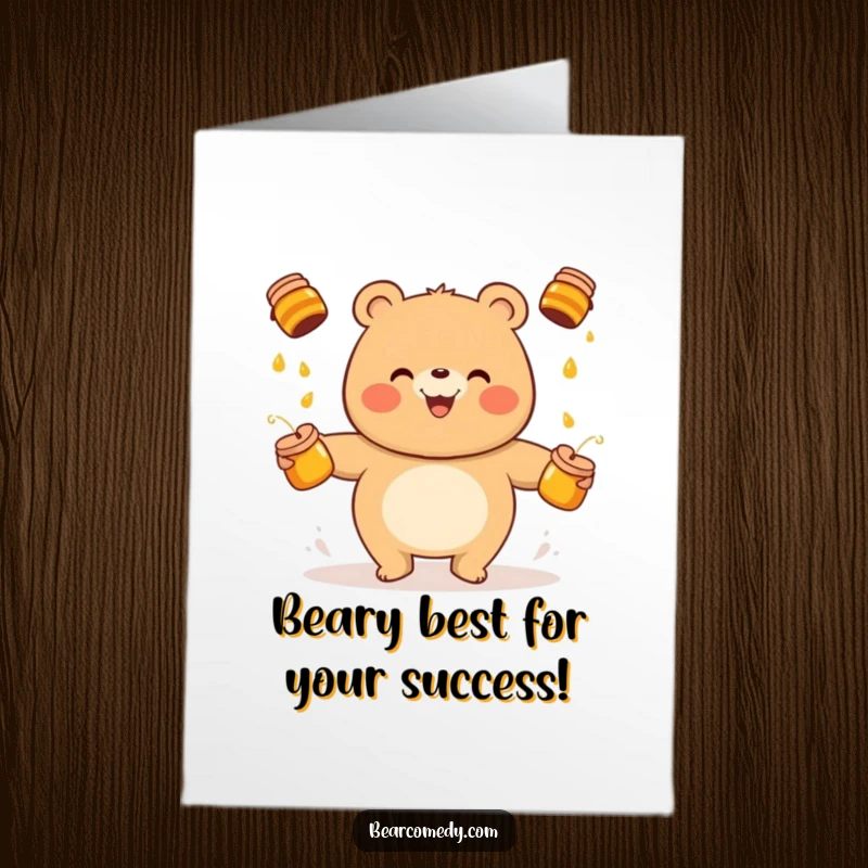 Funny Free Printable Congratulations Card: A round bear with a grin juggles honey pots, celebrating a sweet success.