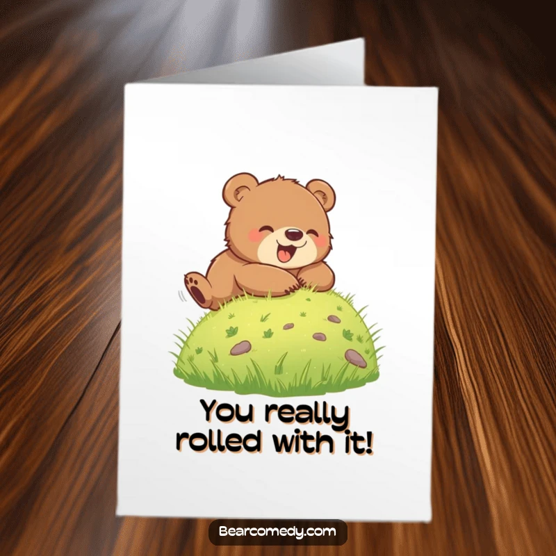 Funny Free Printable Congratulations Card: A bear cub rolling down a hill, celebrating success with pure joy, a downloadable gift.