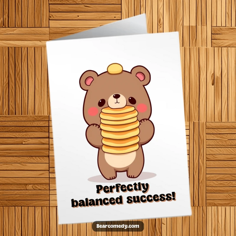 Funny Free Printable Congratulations Card: Bear successfully balancing a tall stack of pancakes on its nose, looking proud.