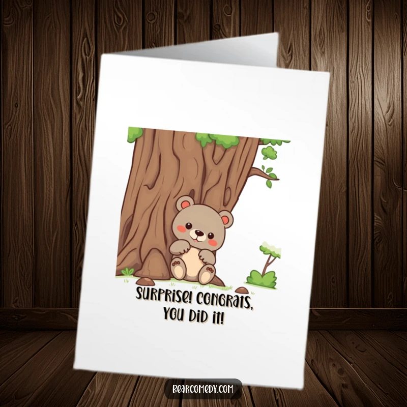 Funny Free Printable Congratulations Card: A bear with curious paws peeks from behind a large tree, discovering great news.