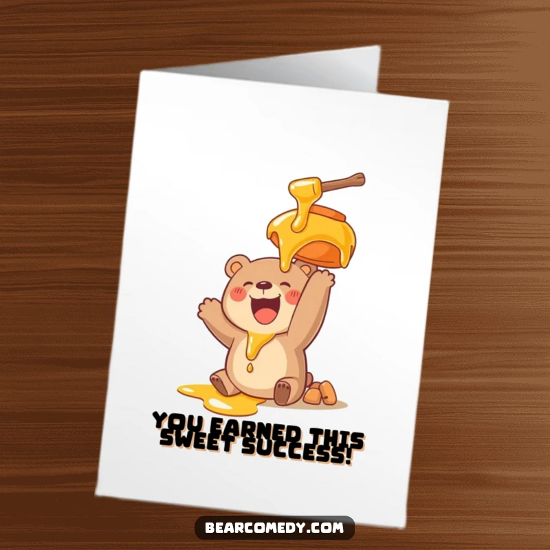 Funny Free Printable congratulations card, bear reaching for honey pot, celebrating success with a smile, downloadable.
