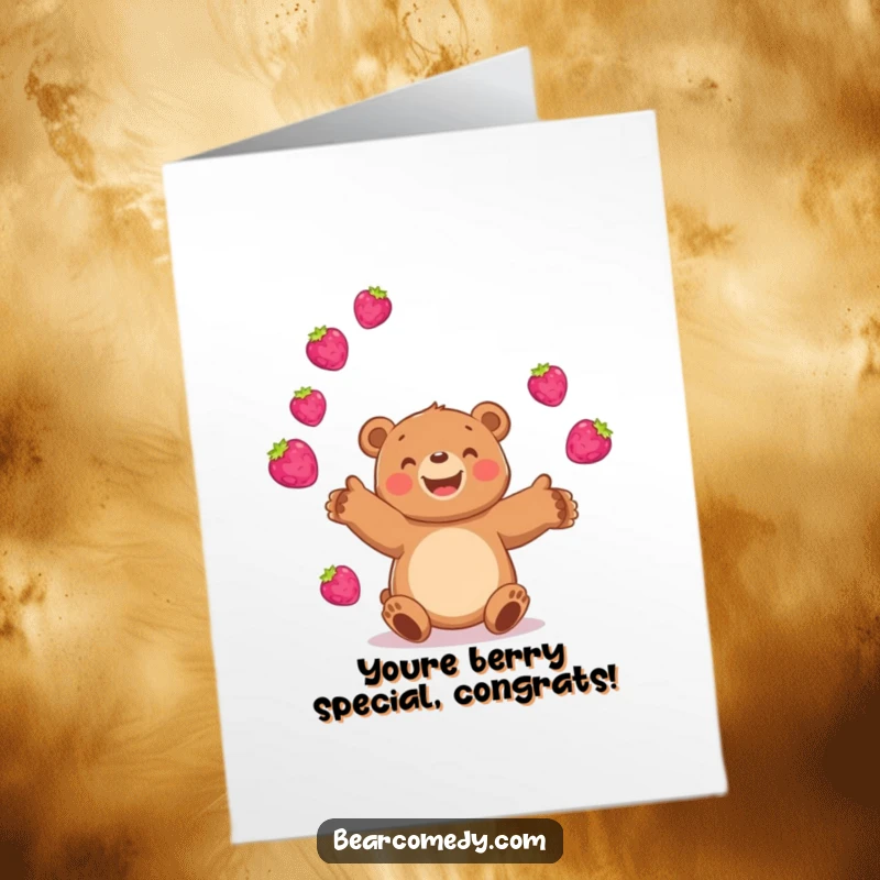 Funny Free Printable Congratulations Card: A happy bear juggles bright, bouncing berries, symbolizing a successful and fruitful achievement.