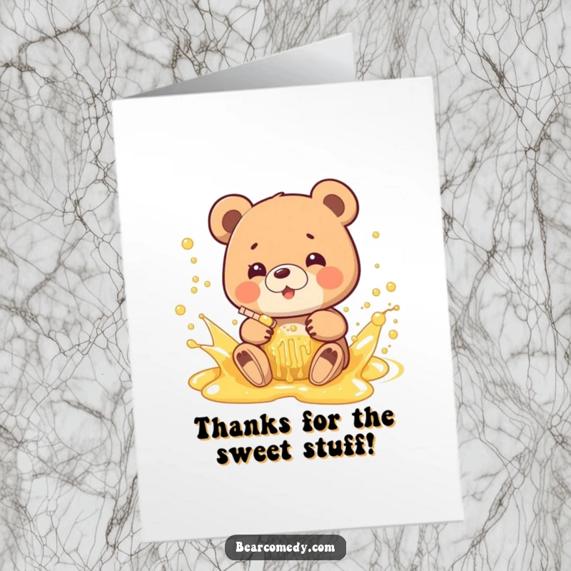 Funny Free Printable Thank You Card: A bear happily splashes in a bubbly, golden honey stream, a sweet expression of thanks.