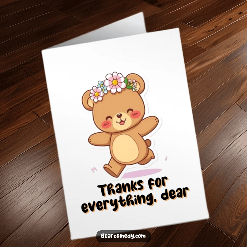 Funny Free Printable Thank You Card: A bear galloping with joyful abandon, a flower crown adorning its head.