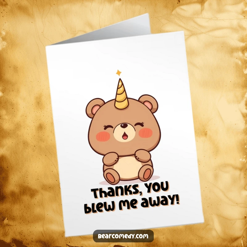Funny Free Printable Thank You Card: A bear with rosy cheeks and a determined look, about to blow a magical horn.