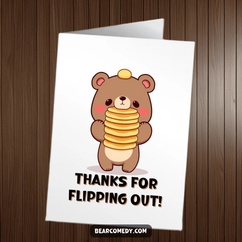 Funny Free Printable Thank You Card: A bear balancing a massive stack of pancakes on its nose, a feat of gratitude.