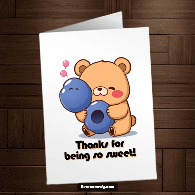 Funny Free Printable Thank You Card: A bear sighs happily while munching on a giant blueberry, a sweet thank you.