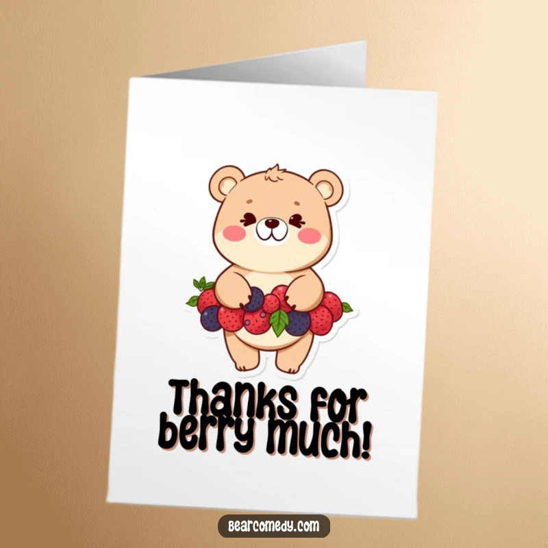 Funny Free Printable Thank You Card: A bear with a sly grin precariously balancing a pile of berries, showing gratitude.