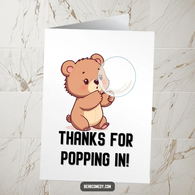 Funny Free Printable Thank You Card: A bear cub batting at a bouncing bubble, a playful way to say thanks, a downloadable gift.