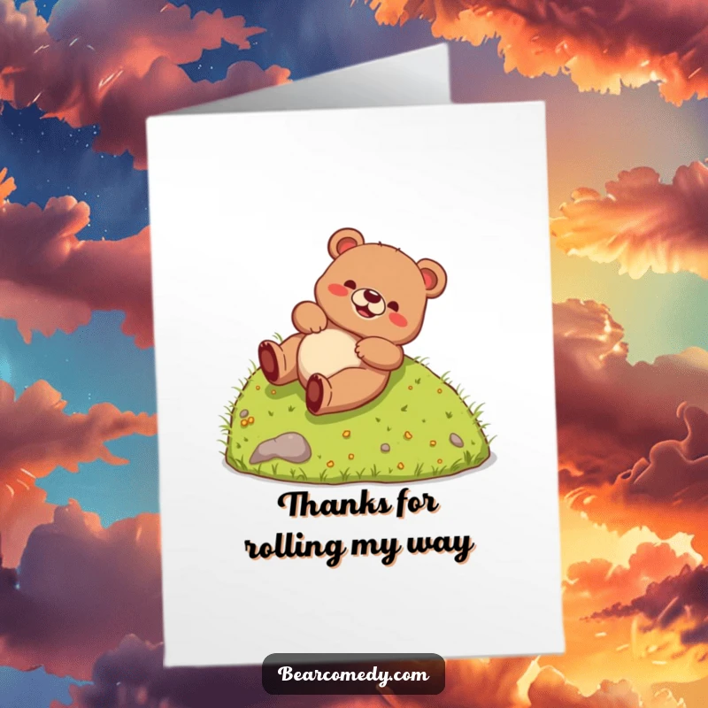 Funny Free Printable Thank You Card: A bear creature rolling down a grassy slope with pure delight, expressing thanks.
