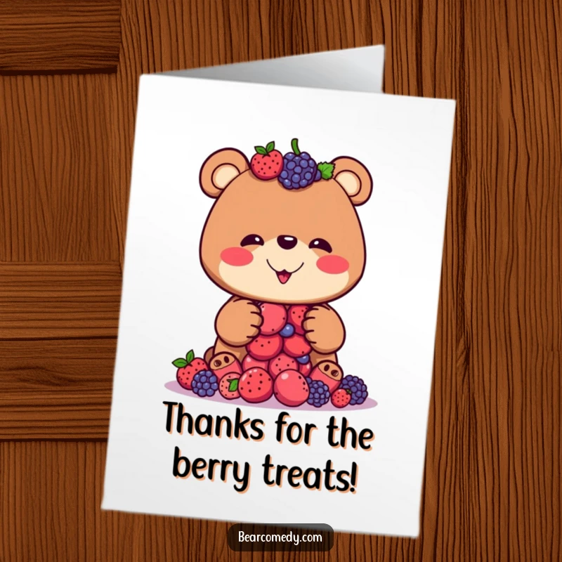 Funny Free Printable Thank You Card: A bear with a silly grin attempts to balance a precarious stack of berries, a sweet gesture.