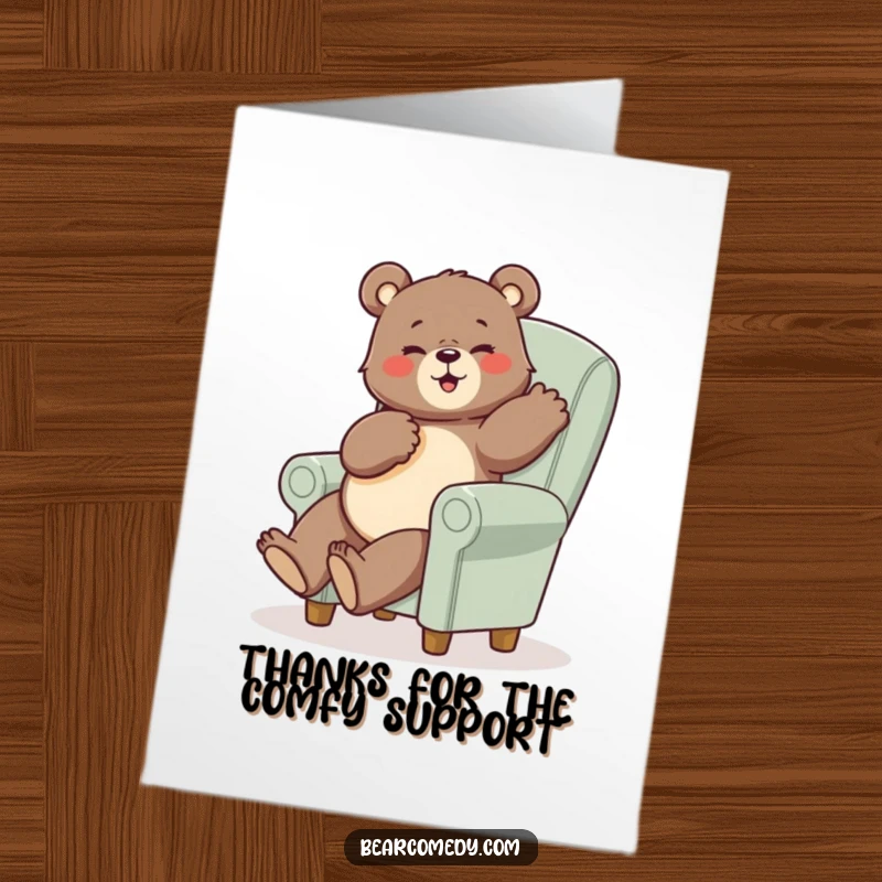 Funny Free Printable Thank You Card: Bear striking a funny, contorted pose while sitting on a tiny, oversized chair, a humorous thank you.