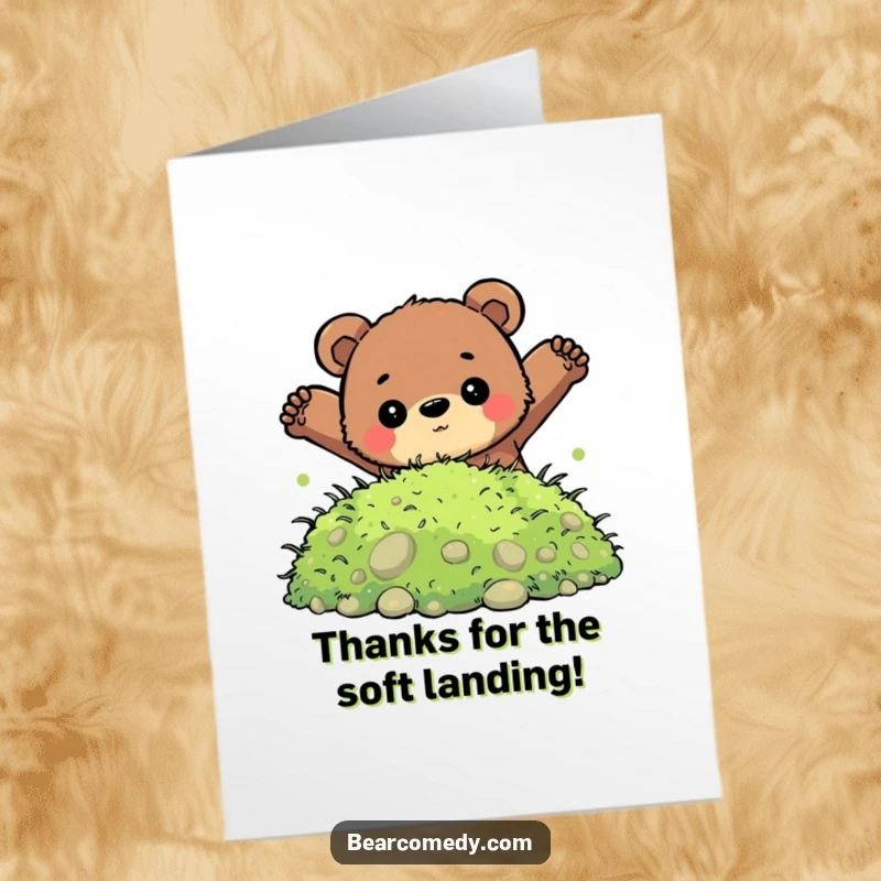 Funny Free Printable Thank You Card: A bear determinedly jumps into a soft pile of moss, a bold gesture of thanks.