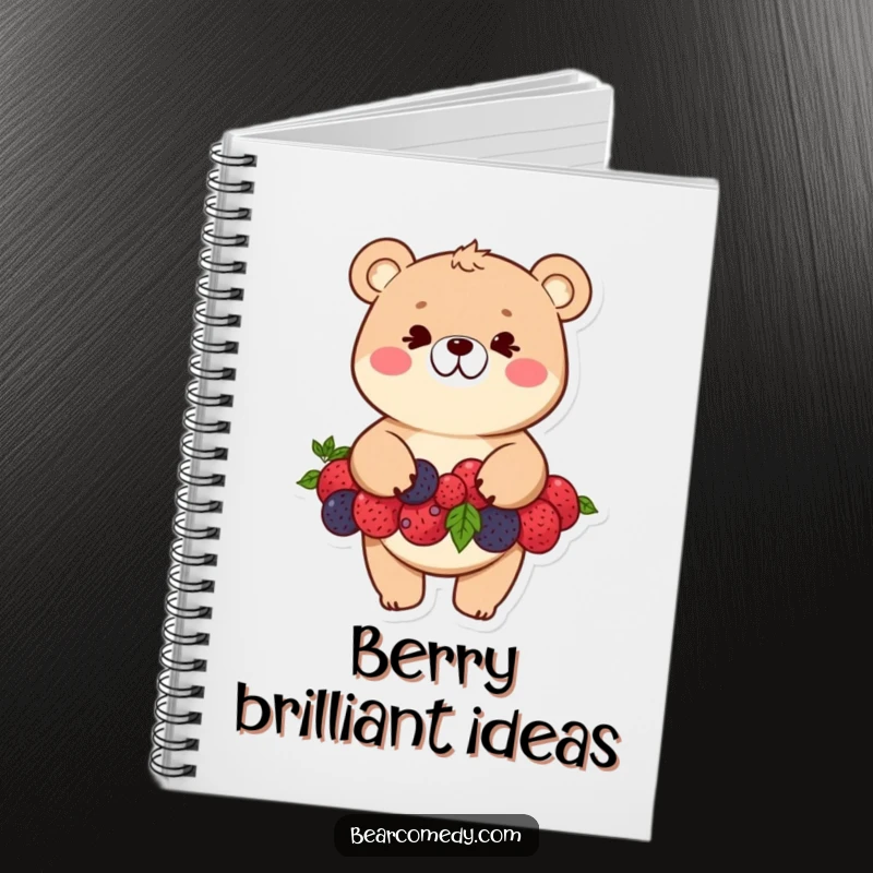 Funny bear notebook cover featuring a mischievous character balancing a tall stack of berries with a wide, funny grin.